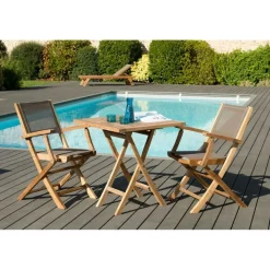 SALON DE JARDIN EN BOIS TECK 2 pers : Ensemble de jardin - 1 Table carrée pliante 70 cm et 2 fauteuils pliants textilène couleur taupe