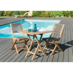 SALON DE JARDIN EN BOIS TECK 2 pers -Ensemble de jardin - 1 Table carrée pliante 70 cm et 2 chaises textilène taupe