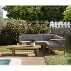 SALON DE JARDIN EN BOIS TECK : 1 Canapé d'angle 5 places avec coussin waterproof et une table basse 110x60 cm