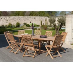 SALON DE JARDIN EN BOIS TECK 10/12 pers : Ensemble de jardin - 1 Table ovale extensible 200*300/120cm et 8 chaises
