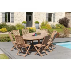 SALON DE JARDIN EN BOIS TECK 10/12 pers : Ensemble de jardin - 1 Table ovale extensible 200*300/120cm et 8 chaises