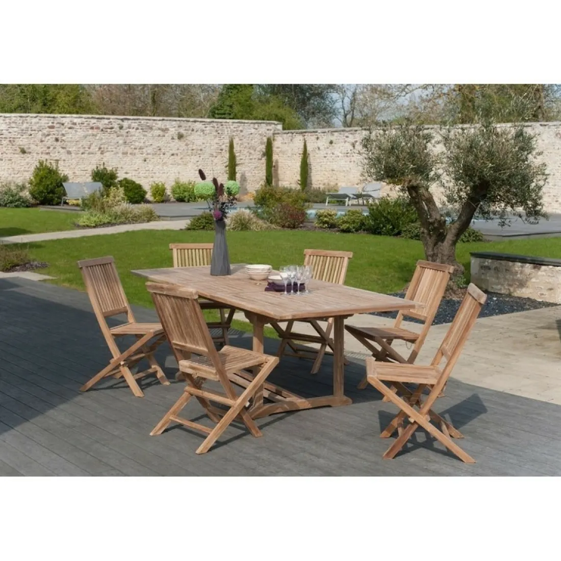 SALON DE JARDIN EN BOIS TECK 8/10 pers - Ensemble de jardin -1 Table rectangulaire extensible 180*240/100 cm et 6 chaises