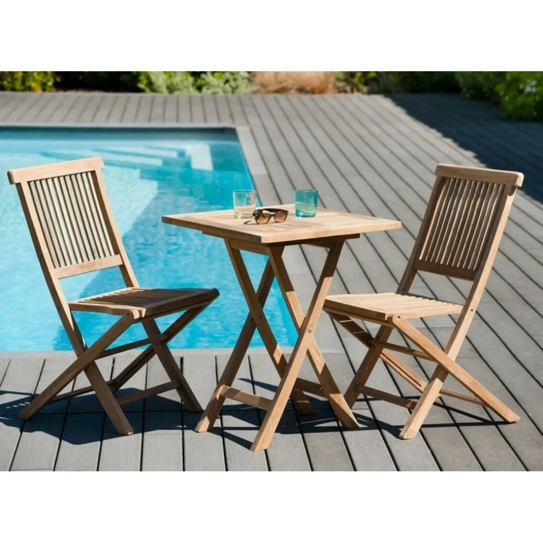 SALON DE JARDIN EN BOIS TECK 2 personnes : Ensemble de jardin - 1 Table carrée pliante 60 cm et 2 chaises