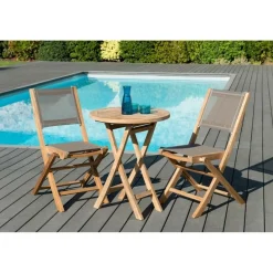 SALON DE JARDIN EN BOIS TECK 2 pers - Ensemble de jardin - 1 Table ronde pliante 60 cm et 2 chaises textilène couleur taupe.