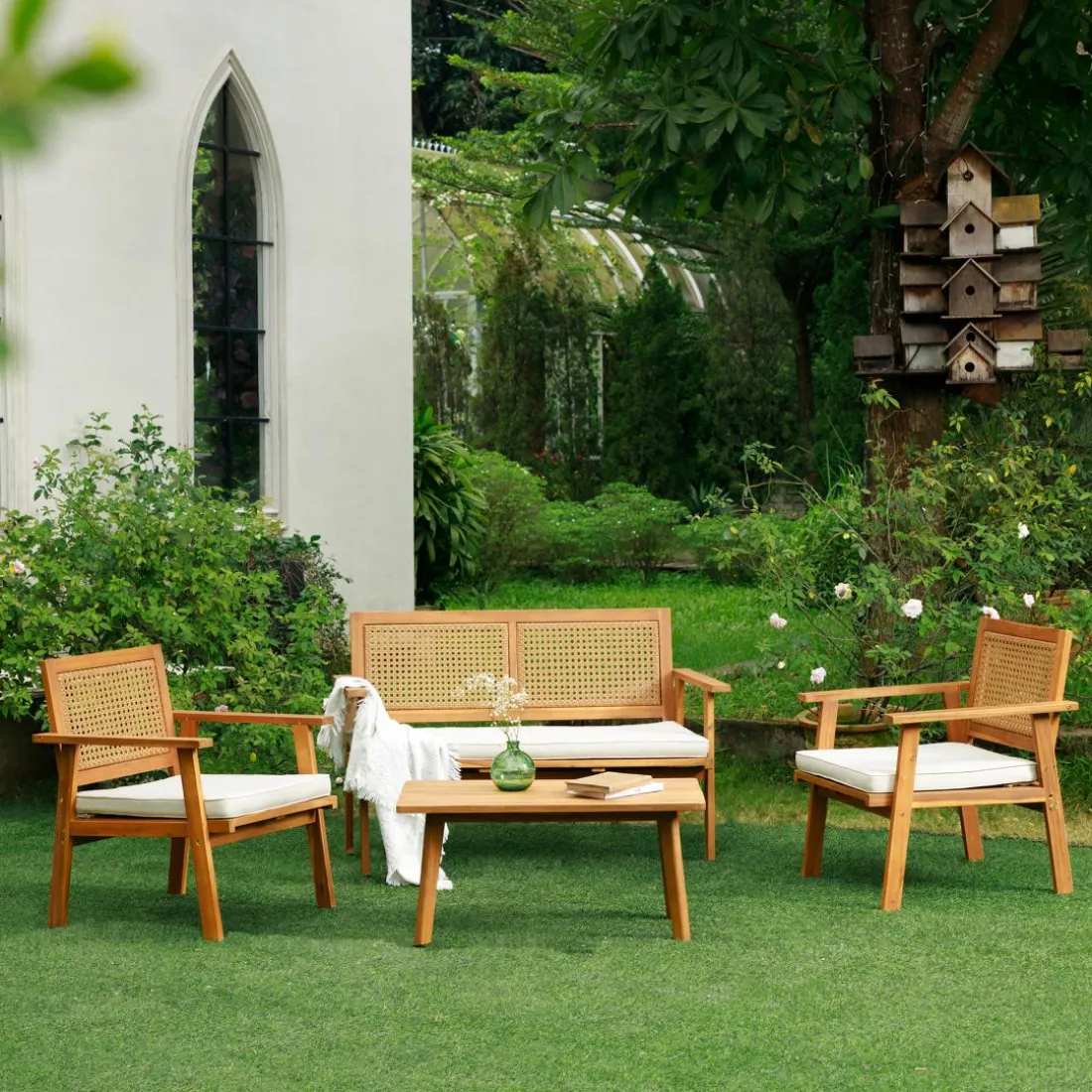 Salon de jardin en rotin et bois massif avec tissu beige TEMUCO style scandinave