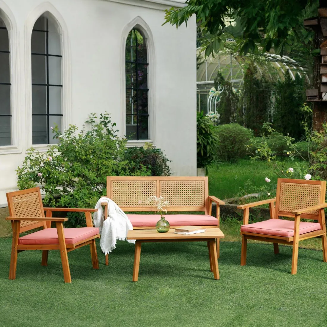 Salon de jardin en rotin et bois massif avec tissu rose TEMUCO style scandinave