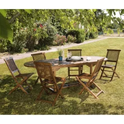 Salon de jardin HANNA en bois teck huilé 8/10 personnes - ensemble de jardin : 1 table ovale extensible 180/240*100 cm et 6 chaises.