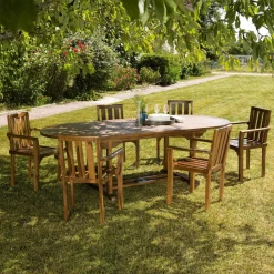 Salon de jardin HANNA en bois teck huilé 8/10 personnes - ensemble de jardin : 1 table ovale extensible 180/240*100 cm et 6 fauteuils empilables