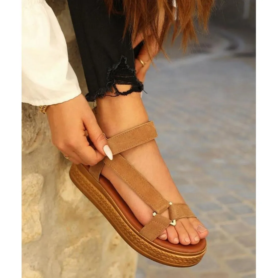 Sandales à plateforme femme cuir camel