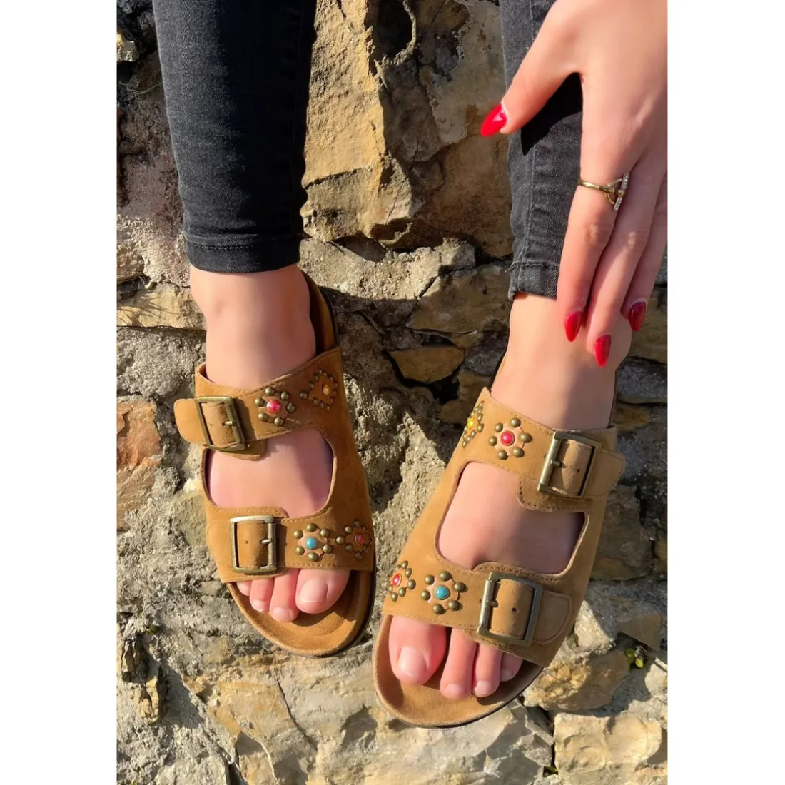 Sandales Femme En Cuir - Jaune marron