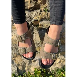 Sandales Femme En Cuir - Vert Olive