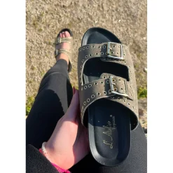 Sandales Femme En Cuir - Vert Olive