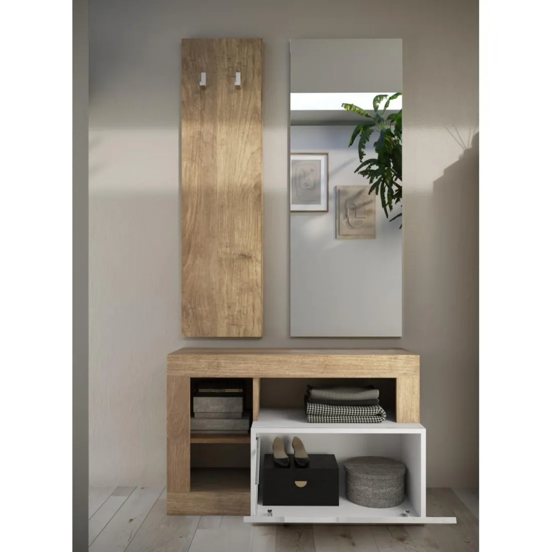 Set de Meuble d'entrée comprenant 3 pieces : Meuble a chaussure et Miroir Porte manteau L91 cm