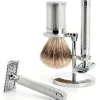 SET DE RASAGE 3 PIÈCES - Rasoir de sécurité métal chromé-Mencorner