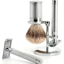 SET DE RASAGE 3 PIÈCES - Rasoir de sécurité métal chromé-Mencorner