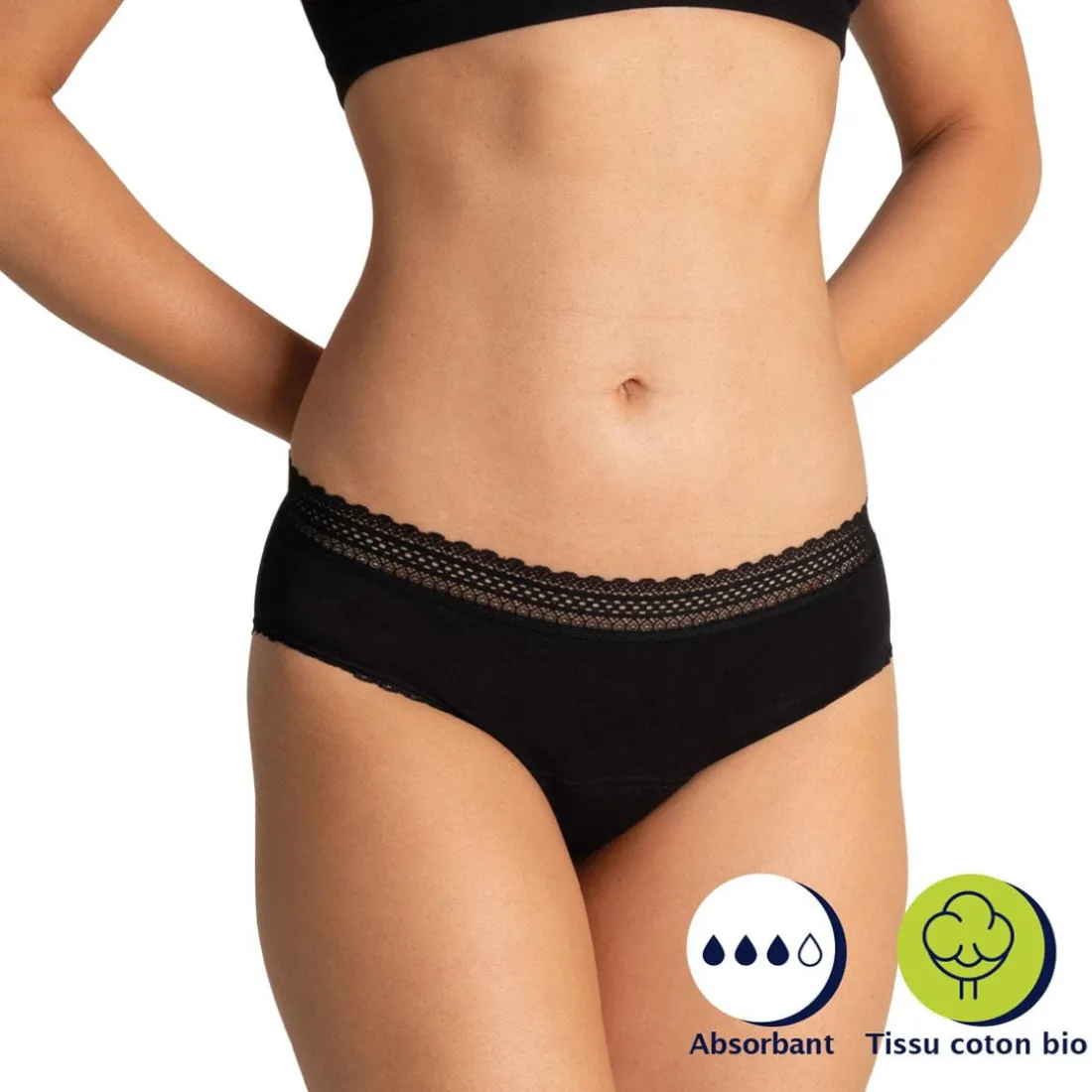 Slip pour les règles femme noir en coton