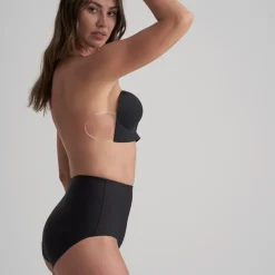 Soutien-gorge bandeau adhésif dos nu et décolleté plongeant noir en tissu