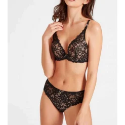 Soutien-gorge plongeant armatures - Noir en dentelle