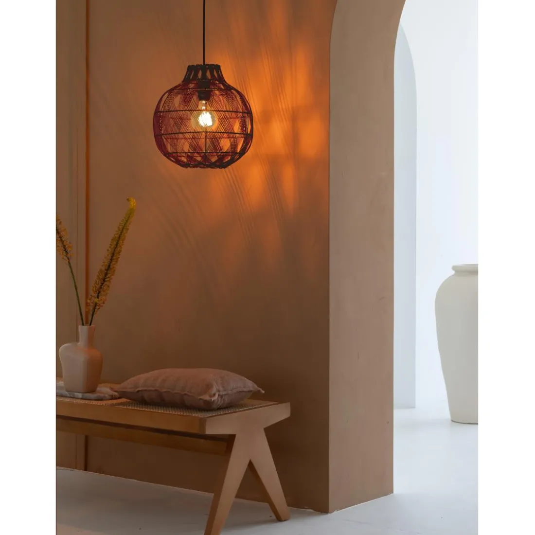 Suspension Mendoza bambou abat-jour bordeaux