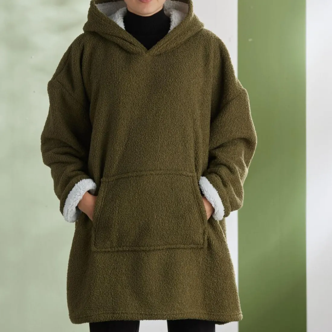 Sweat Plaid Bouclette CAPUCHE en Polyester 70 x 87 MATCHA Celadon