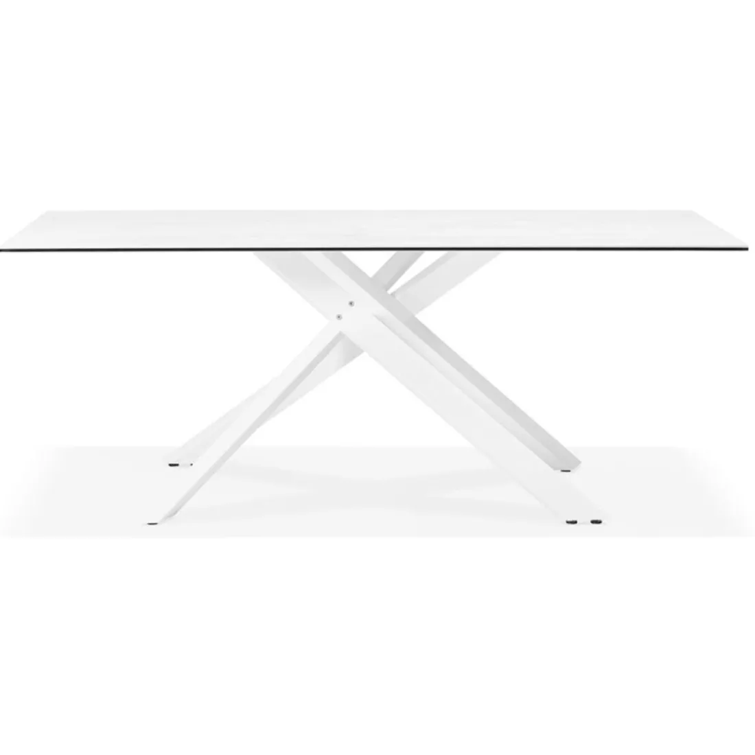 Table à diner 'MARKINA' en céramique blanche avec pied central en x blanc