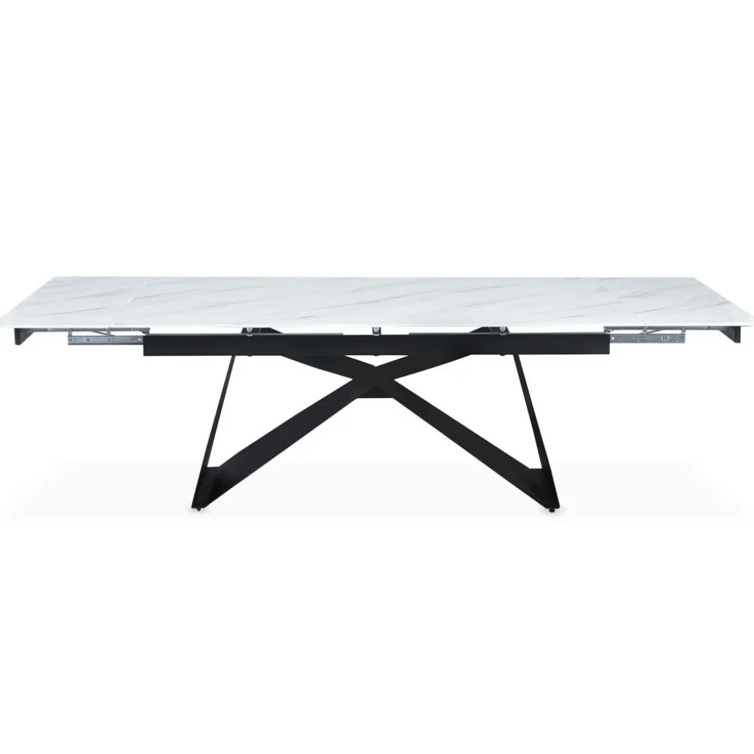 Table à manger extensible Mogarie en Verre effet marbre blanc et pieds Métal Noir
