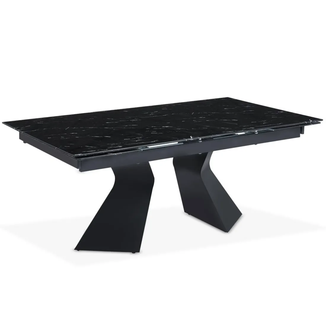 Table à manger extensible Icaria en Verre effet marbre noir et pieds Métal Noir