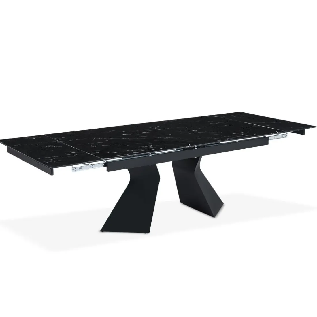 Table à manger extensible Icaria en Verre effet marbre noir et pieds Métal Noir