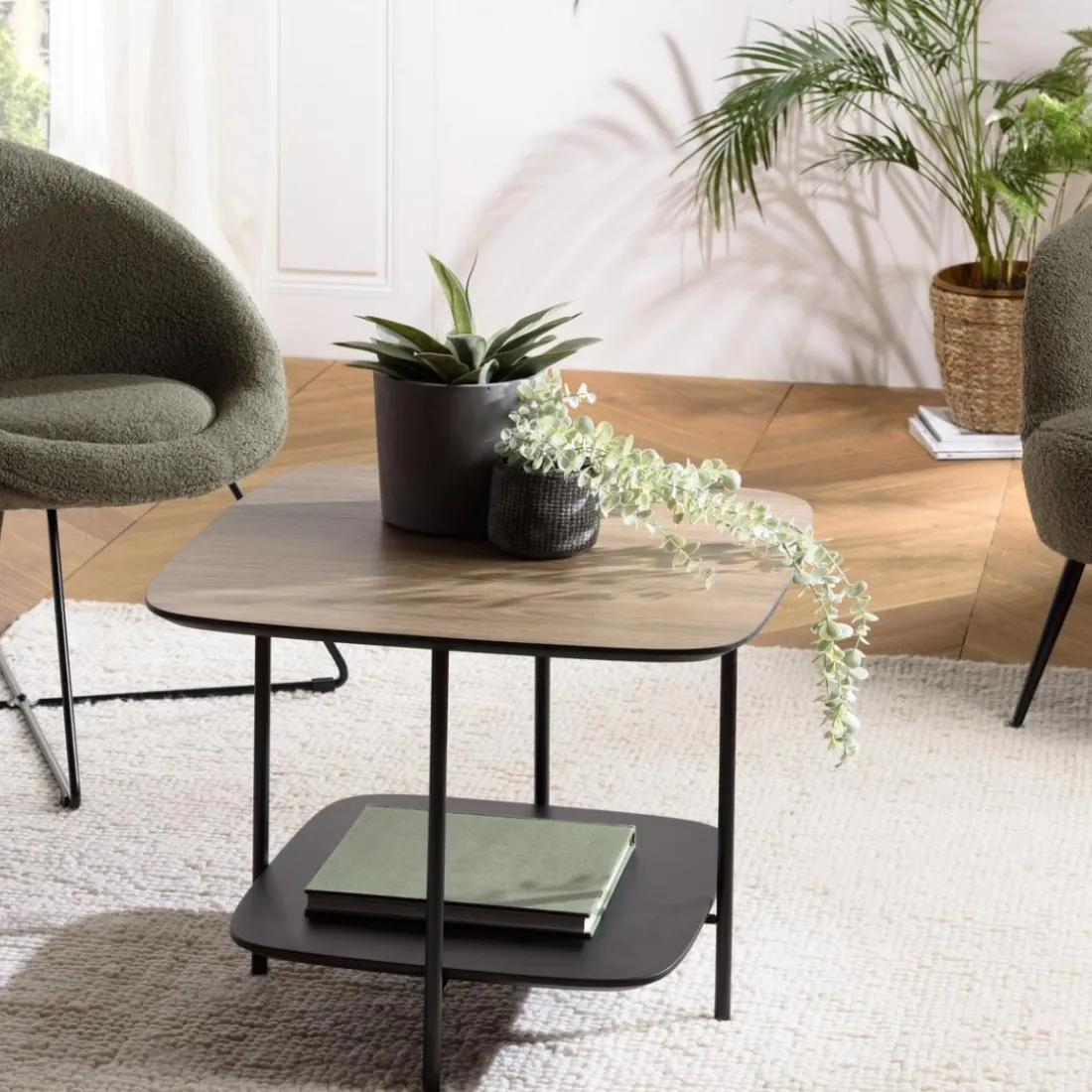 Table basse 2 plateaux bi-matière mocha noir pieds métal