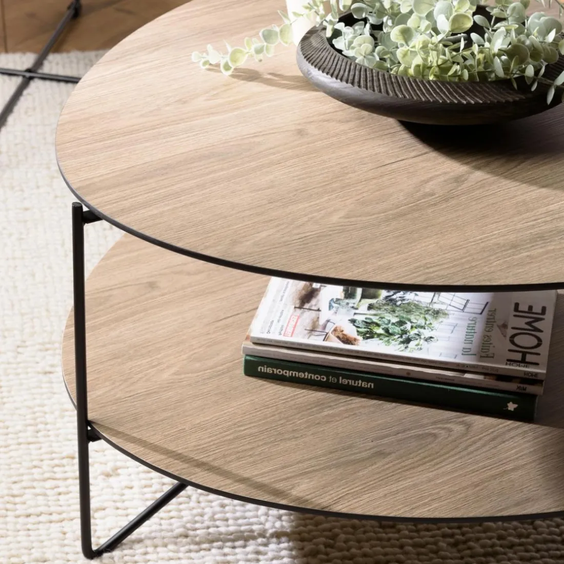 Table basse 2 plateaux forme ovoïde couleur mocha pieds métal JULIA