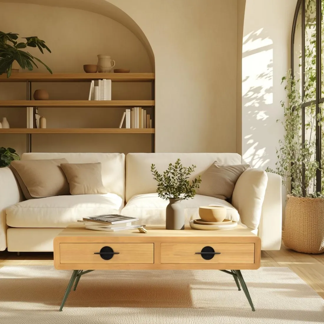 Table basse 2 tiroirs pin couleur naturelle pieds métal vert HELENA