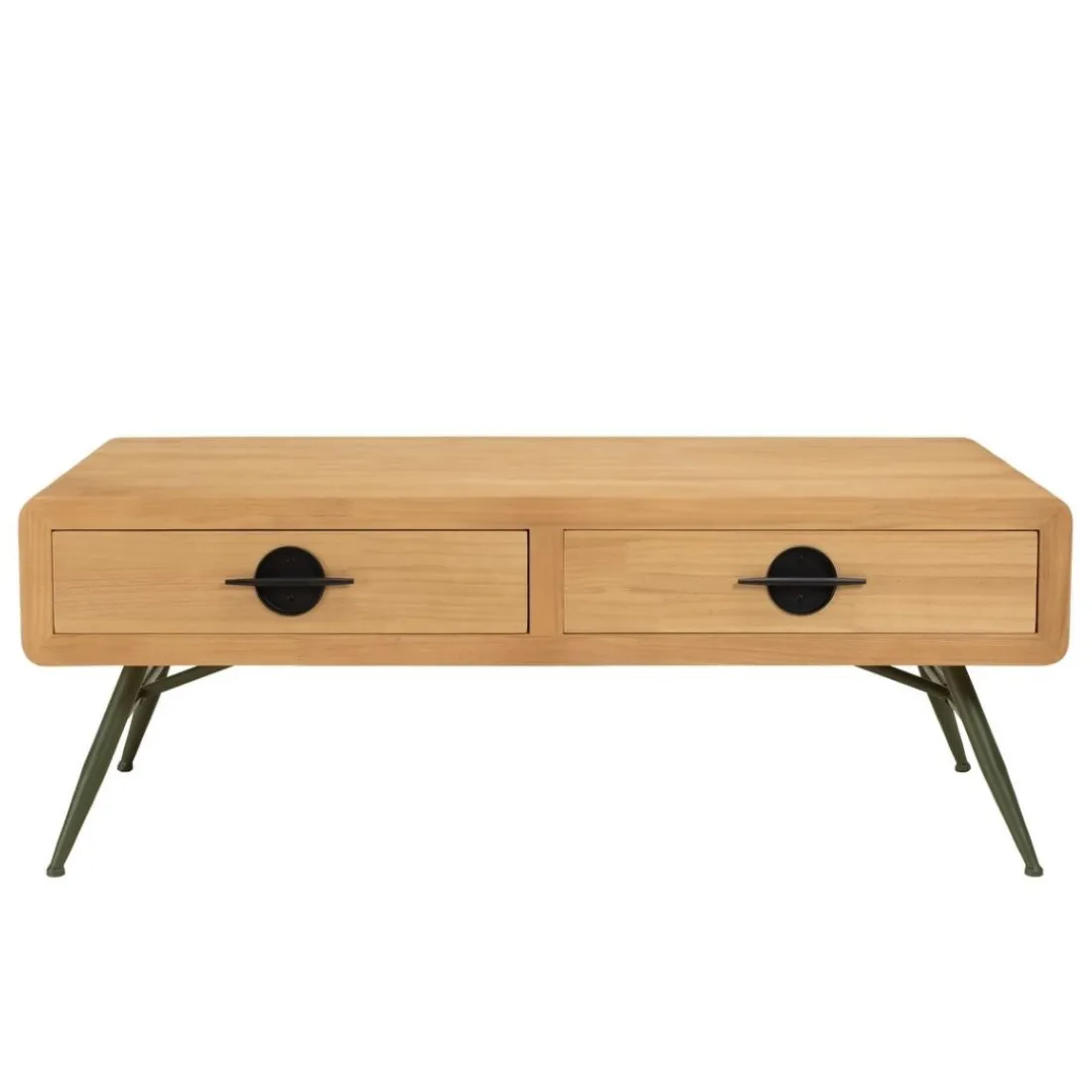 Table basse 2 tiroirs pin couleur naturelle pieds métal vert HELENA