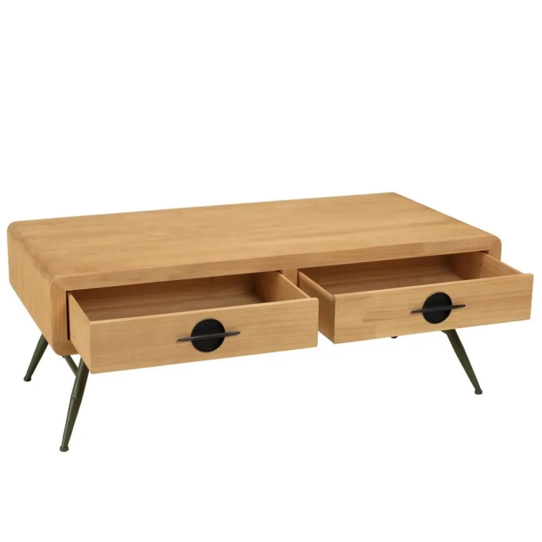 Table basse 2 tiroirs pin couleur naturelle pieds métal vert HELENA