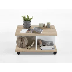 Table Basse A Roulettes Marron Bois Blanc Brillant GROOVE