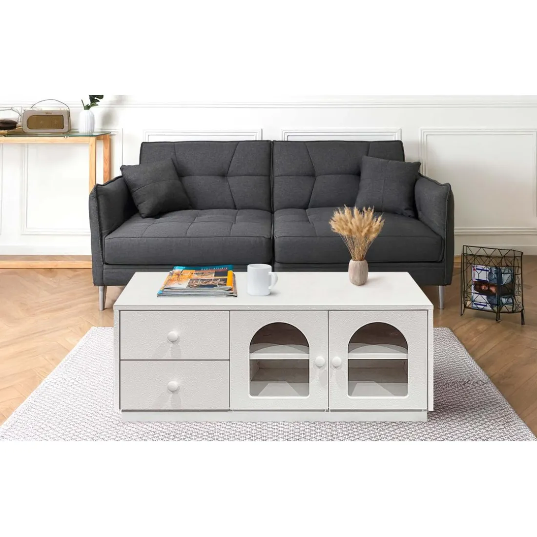 Table basse avec portes et tiroirs style naturel chic Volos Blanc texturé