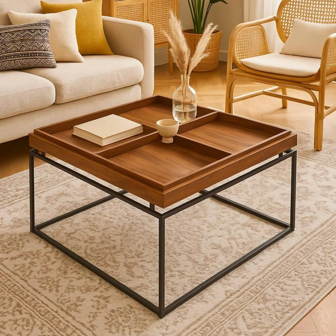 Table basse carrée avec plateau compartimenté réversible Duplix Bois Noisette
