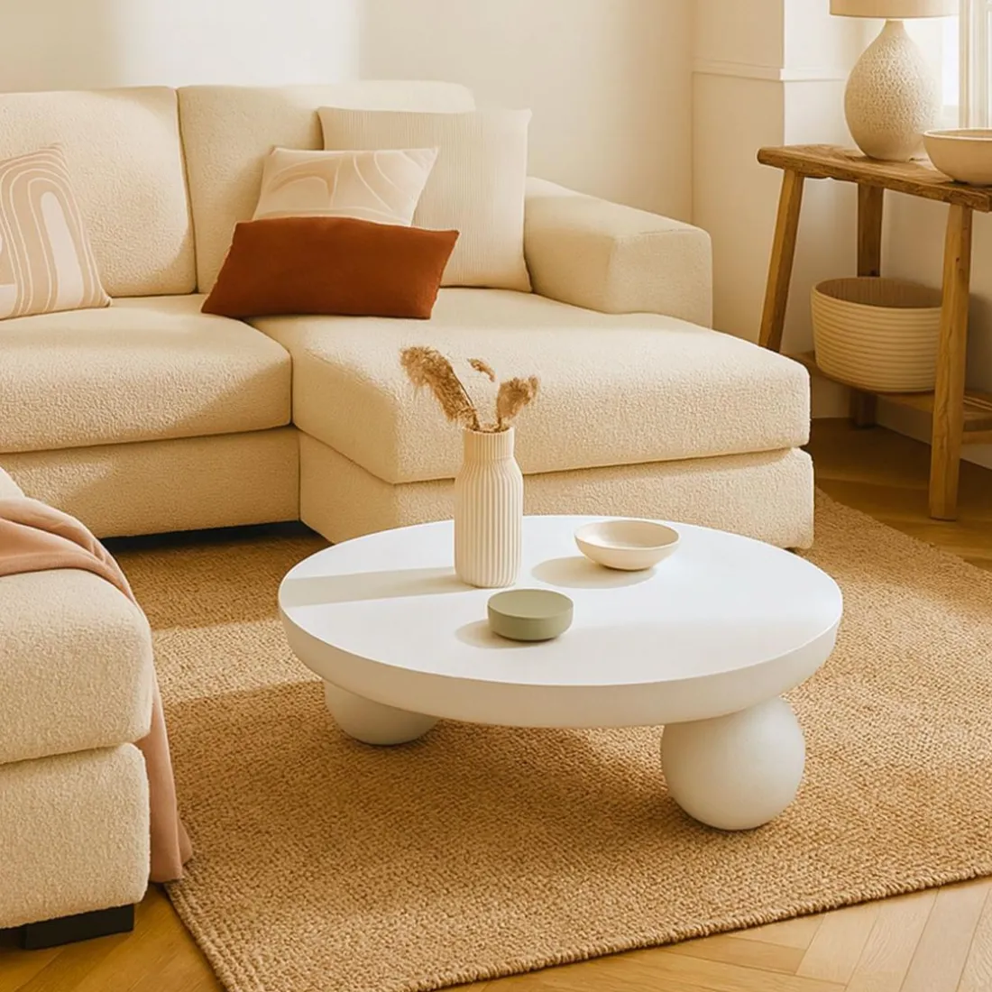 Table basse contemporaine design rond Bonnie texture minérale Blanc