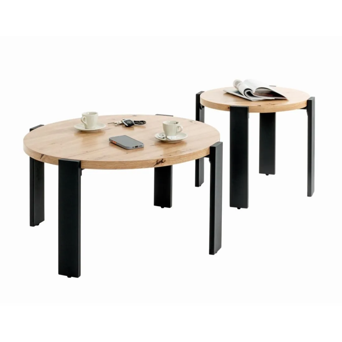 Table basse en tube d'acier peint par poudrage en noir, plateau en MDF