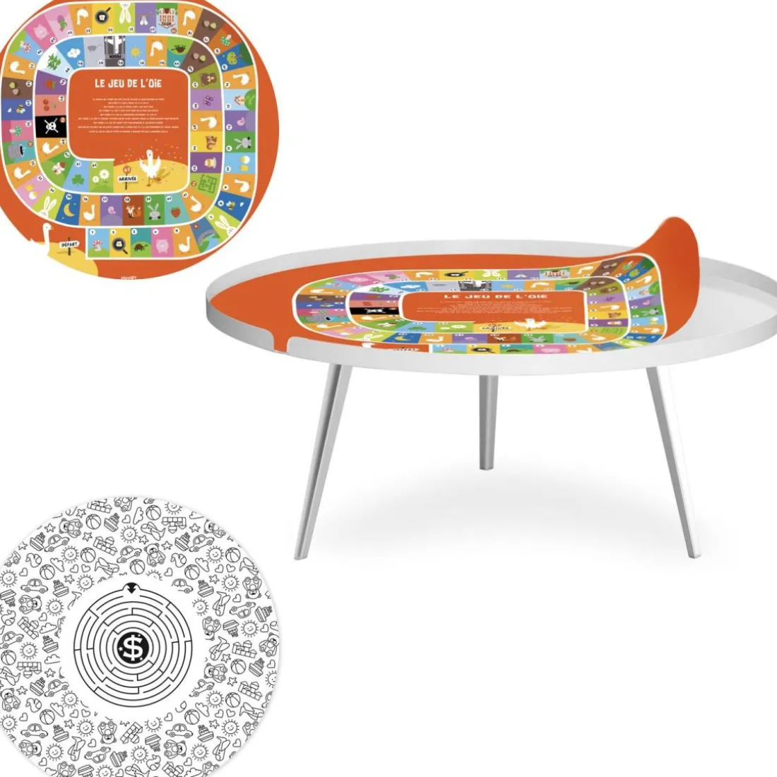 Table basse magnétique ronde à rebord Bipolart Métal Blanc avec 2 Tops style Jeux