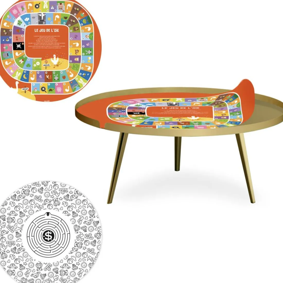 Table basse magnétique ronde à rebord Bipolart Métal Or avec 2 Tops style Jeux