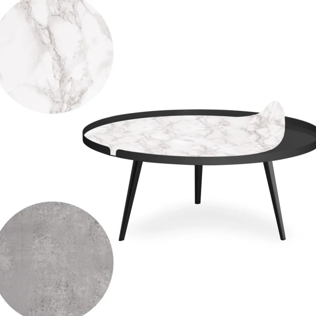 Table basse magnétique ronde à rebord Bipolart Métal Noir avec 2 Tops style Textures