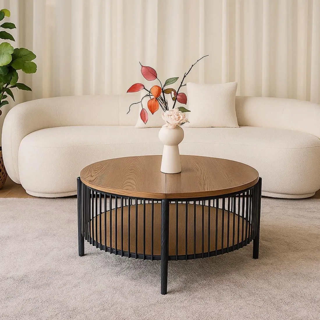 Table basse ronde avec rangement Curcuma Bois et Métal mareté Noir
