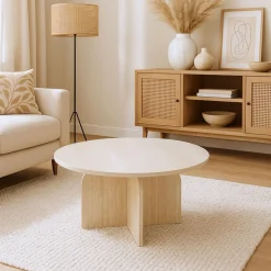 Table basse ronde élégante Calyptus Effet travertin Beige