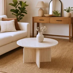 Table basse ronde élégante Calyptus Effet travertin Beige