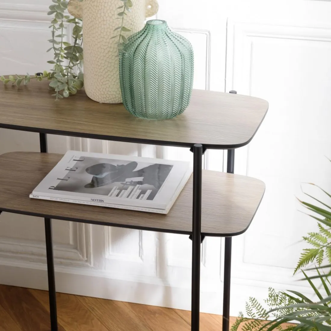Table d'appoint double plateau couleur mocha pieds métal noir JULIA