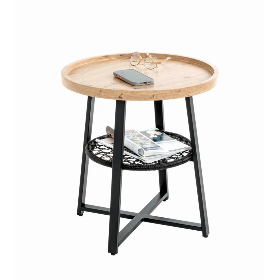 Table d’appoint en noir, plateau en MDF décor chêne