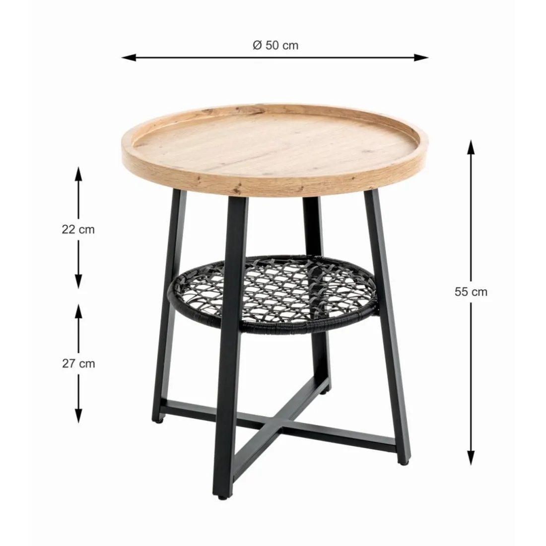 Table d’appoint en noir, plateau en MDF décor chêne