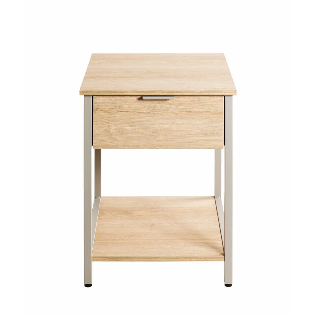 Table d'appoint en tube d'acier laqué gris cachemire, étagères en panneau de particules décor chêne naturel