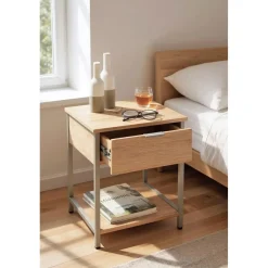 Table d'appoint en tube d'acier laqué gris cachemire, étagères en panneau de particules décor chêne naturel