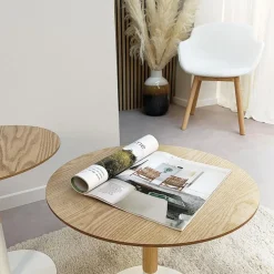 Table d'appoint ronde 'DILA' en bois finition naturelle et métal blanc